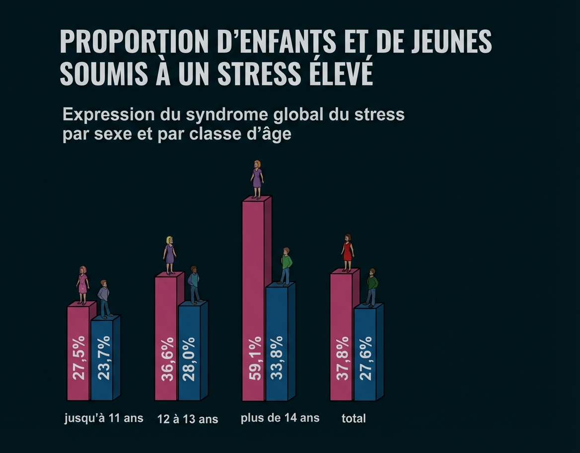 Balkendiagramm zeigt Anteil von Kindern und Jugendlichen mit hohem Stress nach Altersgruppen (bis 11, 12–13, 14+, Gesamt) mit Prozentangaben.
